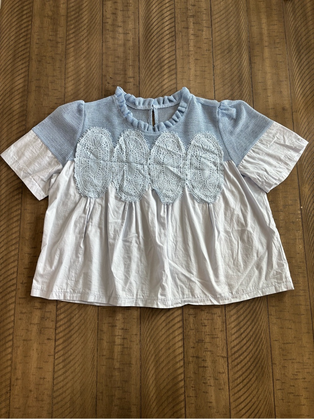 Lace Trim Short Sleeve Blouse Swing Crew Neck Ruffle Hem Blouse